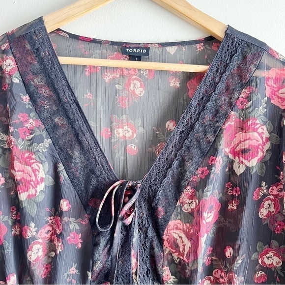Torrid Babydoll Chiffon Lurex Crochet Lace-Up Sheer Blouse, Black Red Floral, 1X - Picture 3 of 14